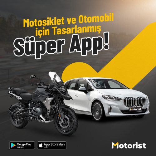 Motorist super app görseli, motosiklet ve otomobil kullanıcıları için akaryakıt, güvenlik ve araç yönetimi özellikleri sunan mobil uygulama tanıtımı