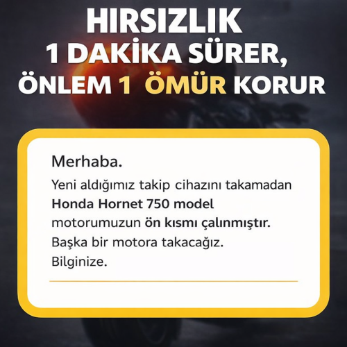 Honda Hornet 750 motosiklette yaşanan motosiklet parça hırsızlığı sonrası takip cihazının önemini vurgulayan uyarı görseli