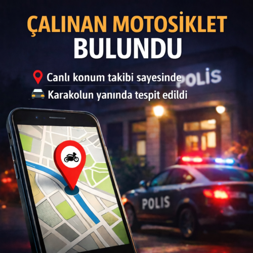 Çalınan motosikletin canlı konum takibi sayesinde karakolun yanında bulunmasını gösteren harita ekranı ve polis aracı görseli
