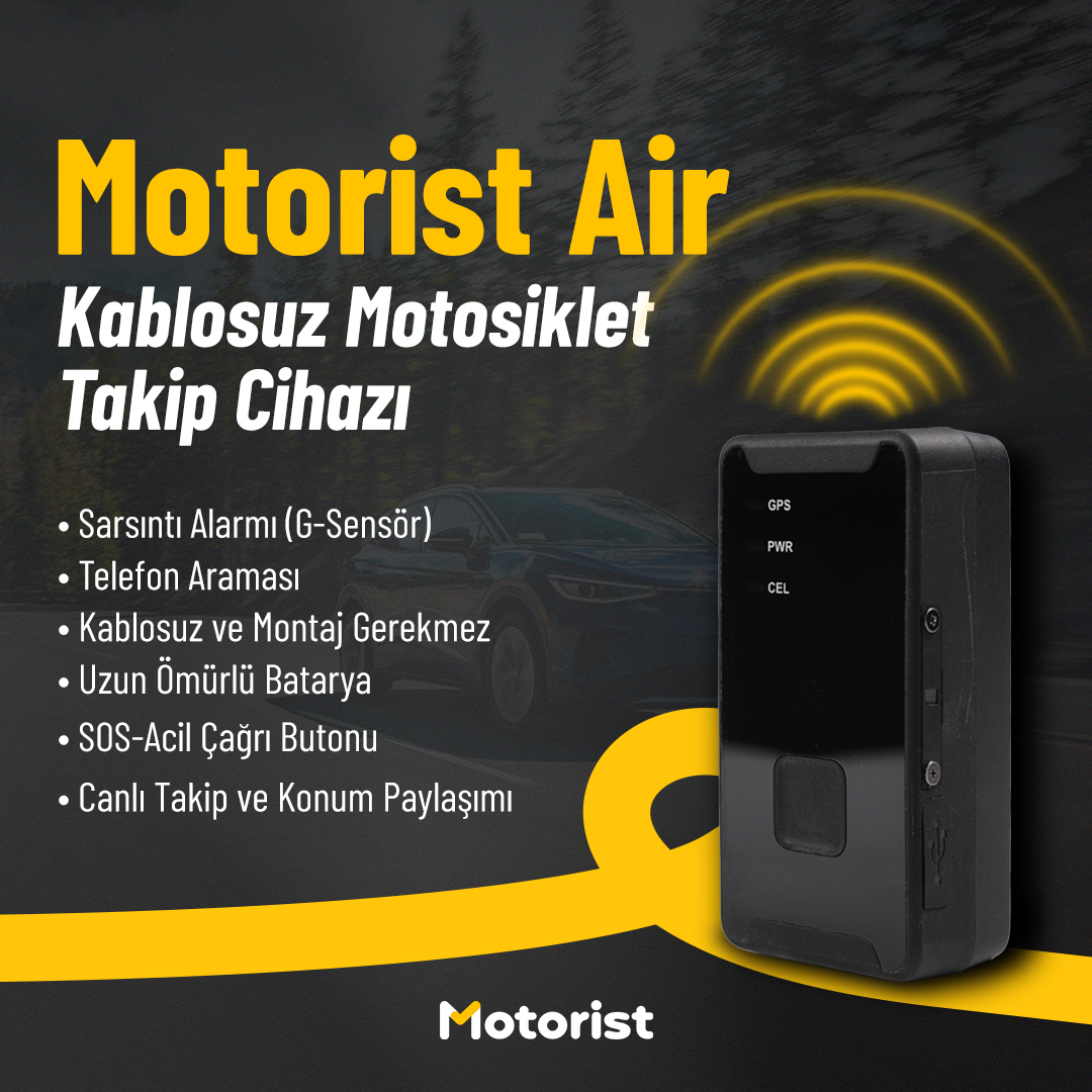 Motorist Air kablosuz motosiklet takip cihazı – SOS butonlu, sarsıntı alarmlı GPS takip sistemi