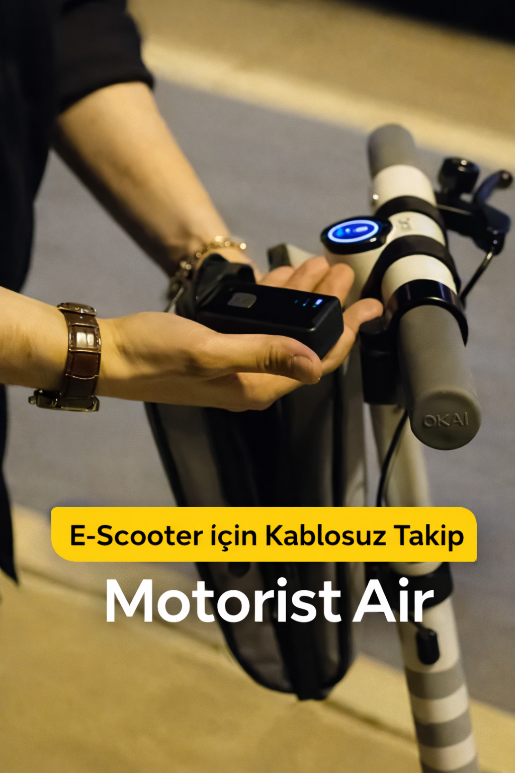 E-scooter üzerinde kullanılan Motorist Air kablosuz takip cihazı, gece çekimi kullanım örneği
