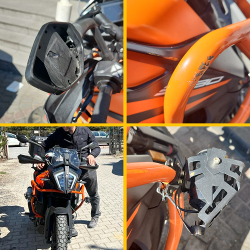 Park halindeki KTM motosikletin çarpma sonucu hasar gören aynası